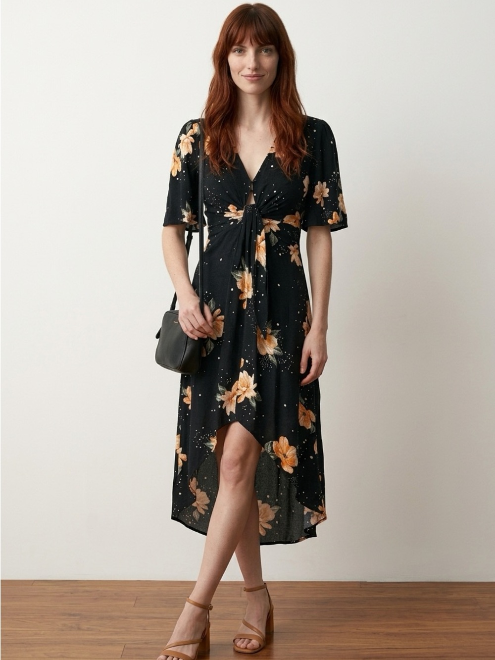 MINKPINK Black Floral Tie-Front High-Low Midi Dress with Peach Blooms